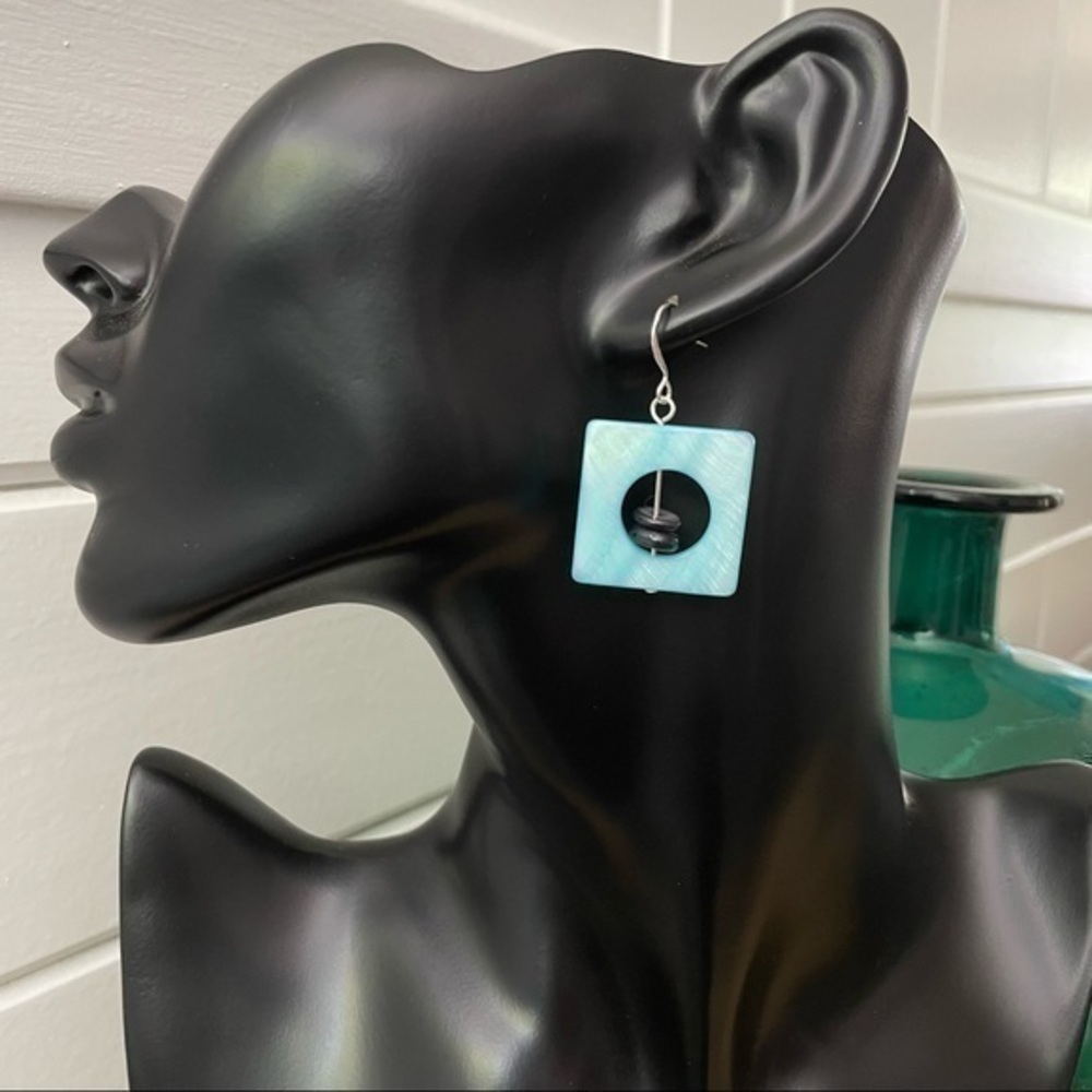 $10 SALE Hand Crafted Shell Earrings Blue Black Coastal Beach Geometric Boho